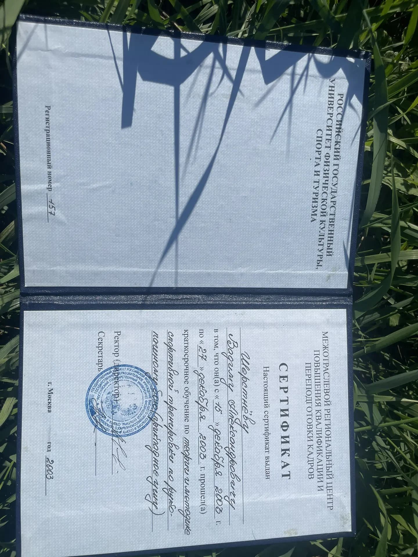 Открытый синий сертификат РГУФКСиТ из личного архива Вадима Ветра